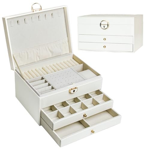 AdelDream Schmuckkasten dreistöckige Schmuckbox Schmuckschatulle mit linearem Design Schmuckaufbewahrung Geburtstags- und Feiertagsgeschenk für Damen Tochter und Freunde weiß