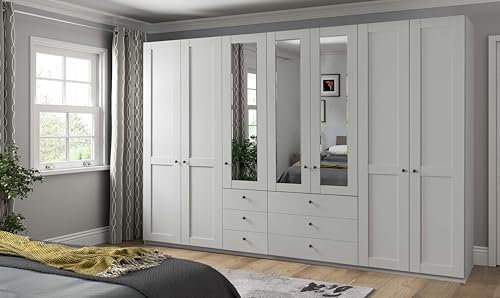 WIEMANN Drehtürenschrank mit 6 Schubkästen, mit 3 Spiegeltüren mittig, Landhausstil Kleiderschrank 350cm breit, Weiß, Höhe 216cm, Marlow