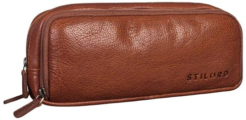 STILORD 'Flo' Leder Federmäppchen Groß echtes Rindsleder Mäppchen Vintage Pencil Case Stifte-Etui Retro Schlampermäppchen mit 3 Reißverschlüssen, Farbe:maraska - braun