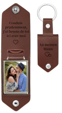 Jeweidea Porte-clés Photo Personnalisé pour Femme Homme Porte Clef avec Gravé Texte Calendrier pour Couple Cuir PU Acier inoxydable Porte-clés Accessoires Cadeau Saint-Valentin (Marron)
