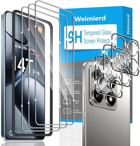 Weimierd Protector de Pantalla para Xiaomi 14T Pro, 3 Piezas Vidrio Templado y 3 Piezas Protector de Lente Cámara, 9H Dureza Cristal Templado Protección y Marco de Instalación