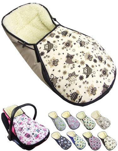 Fußsack für Babyschale [Winterfußsack] für Kinderautositz kompatibel mit Maxi Cosi Babyschalen Gruppe 0+ Lammwolle Sitzauflage verstellbar (Eule 13)