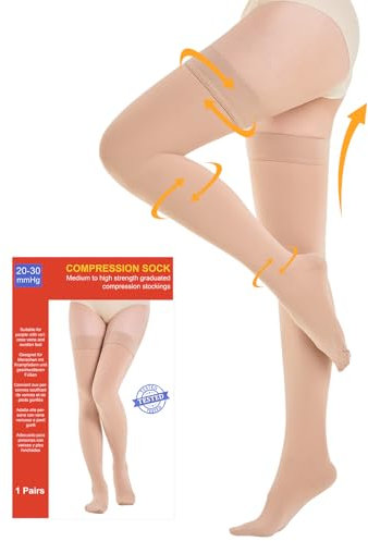 20-30 mmHg Medizinische Kompressionsstrümpfe Damen & Herren Klasse 2, Geschlossene Zehe Lang Stützstrümpfe Thrombosestrümpfe mit Silikonband für Krampfadern Ödeme Flug (Beige, XL)