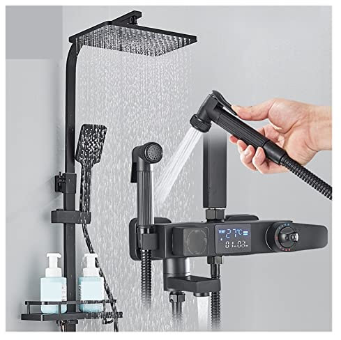 BLHKBAIKBN de Ducha Juego de Grifo de Ducha termostático Inteligente Negro Grifo Mezclador Digital Inteligente para baño con Rejilla y de baño con bidé, para baño