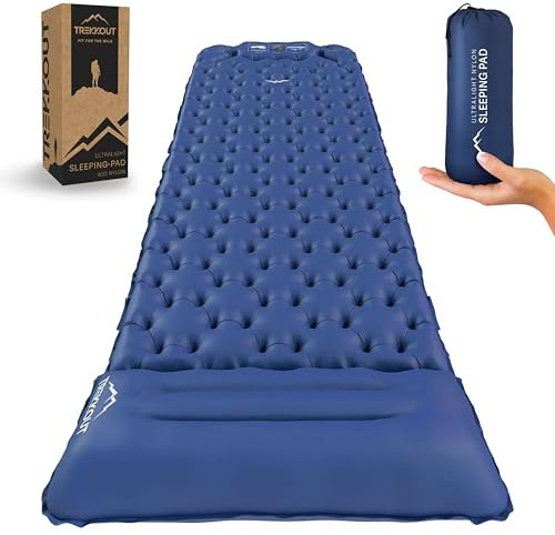 TREKKOUT Ultralight Sleeping Mat | Sleeping Pad with Built-in Foot Pump and Pillow | Compact Inflatable Camping Mat | Durable Waterproof Air Mattress for Hiking, Tent Backpacking, and Travel (Single)