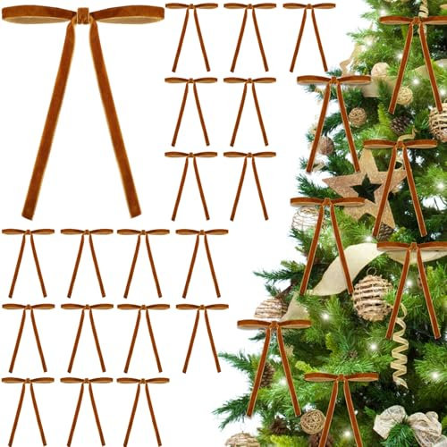 JOISHOP 24pcs Velvet Bows for Christmas Tree, 5 x 7 Inch Christmas Tree Bows Vintage Velvet Ribbon Wreath Bows Velvet Ornaments for Christmas Tree Indoor Party Garland Decorations (Khaki)