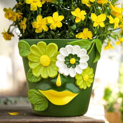 AmiCera Abstract Face Flower Pots, Colourful Plant Pot for Indoor Plants, Small Cute Head Planters with Drainage, Eclectic Aesthetic Succulent Planter for Home Decoration (Green, 14 cm)