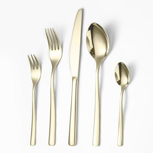 Opolia Besteck Set für 6 Personen, Essbesteck Set 30 teilig aus Edelstahl, Gabel Messer Löffel set, SpüLmaschinenfest, HochglanzPoliert- Champagner