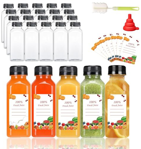Kiswleon 12oz/360ml Plastic Juice Bottles with Lids 20PCS,Empty Mini Water Bottles with Label, Funnel and Brush,Reusable Bulk Beverage Drink Containers for Smoothie,Fridge,Juice