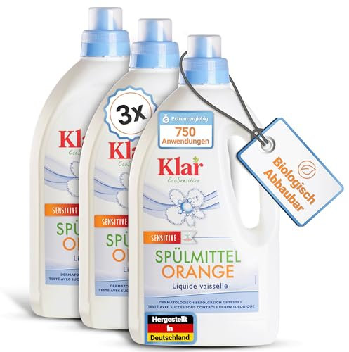 Klar Spülmittel Bio mit Orangenduft 3x1,5l – Kraftvolles Geschirrspülmittel flüssig mit hoher Fettlösekraft – Hautfreundliches Spüli Konzentrat in recycelter Flasche – Vegan Dish Soap