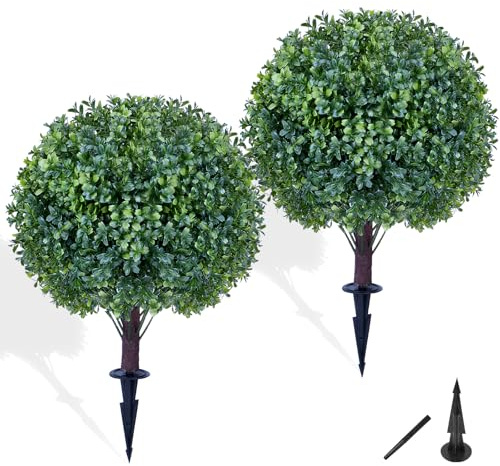 FZHCZWZX 2-Pack Boxwood Topiary Ball Set with Ground Spikes - UV-Resistant Faux Evergreen Shrubs for Porch & All-Weather Decor