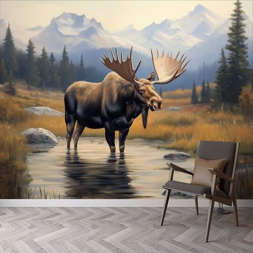 IHFMPFKJ Papier Peint Mural décoratif représentant Un élan, Peinture à l'huile, Effet 3D, pour Salon, Chambre à Coucher, 350 x 256 cm (l x H).