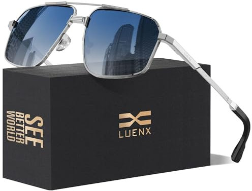 LUENX Sunglasses for Men Square Polarized Polygon Sun Glasses UV400 Protection 60mm,Gradient Blue Lens Silver Frame