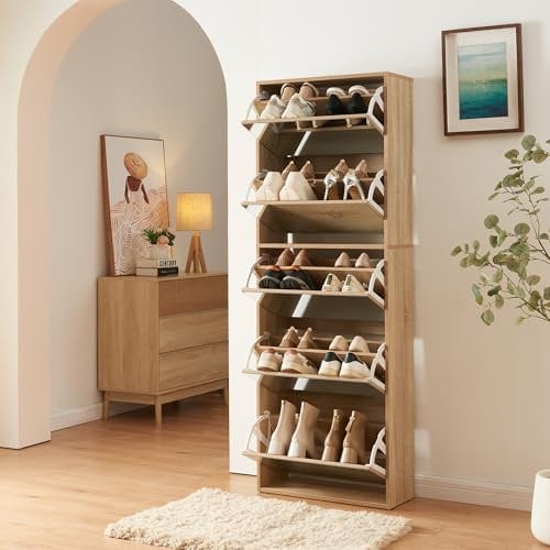 [en.casa] Schuhschrank Lund Schuhkipper mit 5 Klappen verspiegelt Schuhkommode für 20 Paar Schuhe 169 x 60 x 24 cm Sonoma-Eichenoptik
