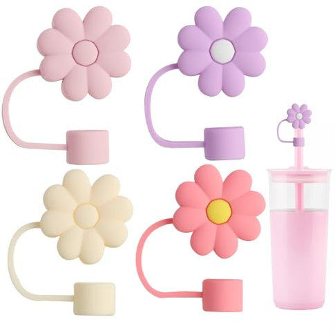 4-Pack Flower Silicone Straw Toppers for Stanley Cup - Fits 10mm Straws, Colorful & Reusable Straw Covers,for 30 & 40oz Stanley and Modern Cups, Includes 4 Colors