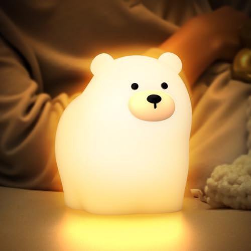 Smiling Shark Kinder Nachtlicht, Eisbär Silikon LED Nachtlicht Kinderzimmer Wiederaufladbare Touch Control 3 Helligkeit & RGB Babyzimmer Süße Nachtlampe Kinder für Stilllicht Geburtstag