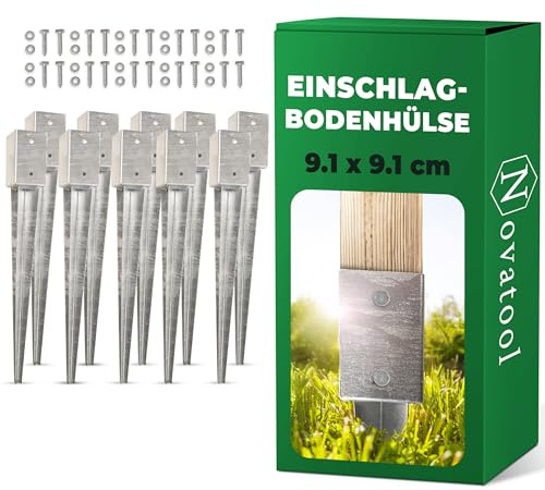 Novatool 10x Einschlagbodenhülsen-Set 91x91x750mm Bodenhülse Sonnenschirm Pfostenträger Zaunpfosten Holzpfosten Bodenhülsen Einschlaghülse Bodenanker Erdspieß zum Einschlagen, verzinkt, mit Schrauben