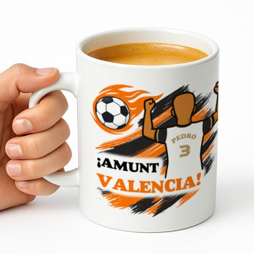 Taza personalizada con nombre y dorsal para aficionados al fútbol, regalo original para niños y adultos, personalización para chica o chico, 350 ml (Valencia, Chico)