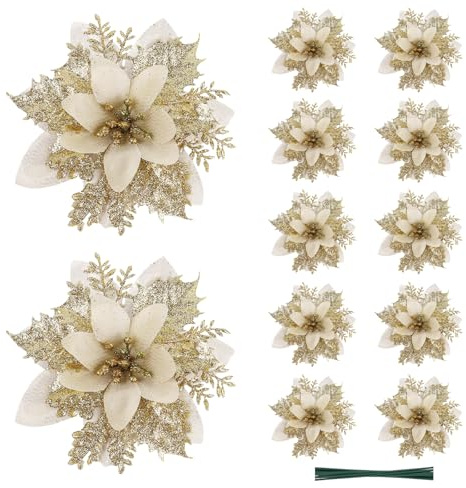 DOLACIA Christmas Artificial Flowers with Stems, 12 Pieces Xmas Glitter Poinsettia Flowers Wreath Ornaments for Christmas Tree, New Year, Wedding Party Garland Decoration (Gold)