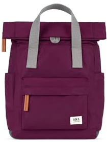 ROKA London Canfield B Small Sustainable Nylon Backpack Royal Burgundy | Compact roll top backpack with wide zip opening, tablet storage, secret pocket, side pockets and adjustable shoulder straps