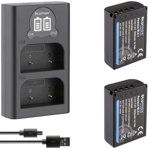 2 x Blumax Battery Compatible with Olympus BLX-1 [2600 mAh] + Slim Dual Charger BLX1 for Olympus OM-1 / OM-1 Mark II/OM-3 & OM System OM-1