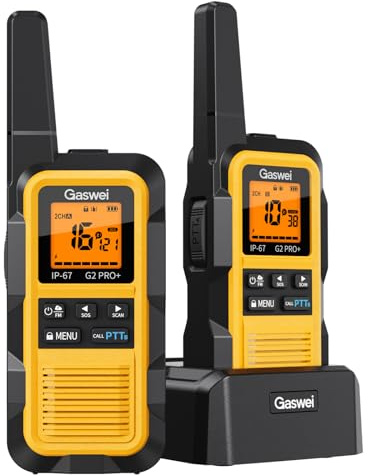 Gaswei G2Pro+ IP67 Waterproof Walkie Talkies for Adults– Floats,Long Range | PMR446 Licensed-Free, 2 Way Radio with Dual PTT, FM Radio, VOX & SOS Alarm,Rechargeable for Outdoor,Camping(2-Pack, Yellow)