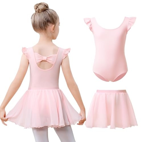Kefiyis Ballettkleidung Mädchen Rüschenärmel Balette Kleidung Mädchen Baumwolle Ballett Trikot mit Abnehmbarem Rock Ballerina Ballettkleid Tanzkleid für 3-11 Jahre