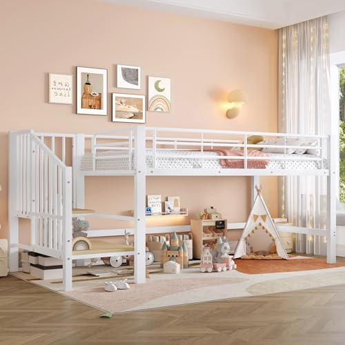 KecDuey 90 x 200cm Halbhohes Hochbett mit Stauraumtreppe,Sicherheits-Kletterleiter,Metallbett,Kinderbett mit Lattenrost (Weiß)