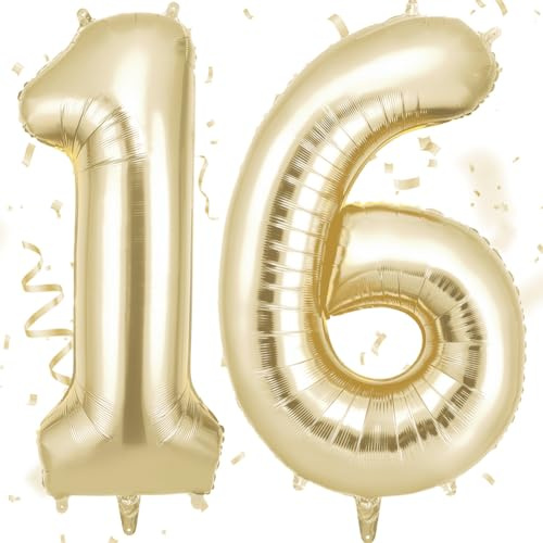 AOOSU Zahlen Luftballon 16. Geburtstag Hellgold, 40 Zoll Folienballon Zahl 16, 101cm Riesenzahl Ballon Geburtstagsdeko für Mädchen Junge Geburtstag Party Dekoration Jahrestag Dekorationen