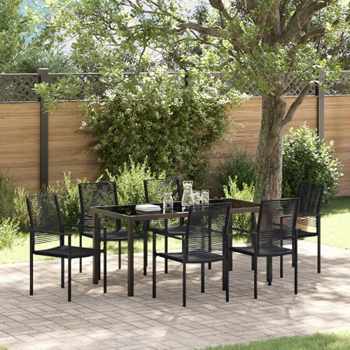 IBUQDDV 7-TLG. Garten-Essgruppe Schwarz PVC-Rattan Set mit 6 Stühlen, Stabile Outdoor-Möbel für Terrasse, Moderner Esstisch aus Stahlrahmen, Wetterfeste und Langlebige Sitzgruppe