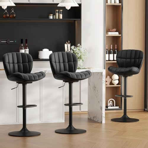 Ckaff Barhocker 3er Set, Barstuhl höhenverstellbar aus PU-Leder, 360°Drehstuhl Küchenstuhl mit Rückenlehne und Fußstütze für Küche, Wohnzimmer, Esszimmer, Bar, Schwarz
