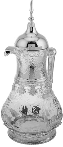 SEWACC Grosse Carafe à Eau en Verre Style Moyen-oriental 1,6 L Couvercle Argenté, Pichet à Thé Glacé Résistant Chaleur et Froid, pour Jus, Cocktail et Boissons Froides, Service Maison
