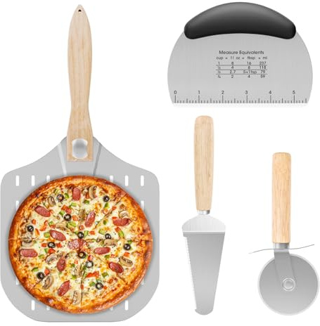 iklestar Pizza Oven Accessories Kit, 4 PCS Set for Pizza Making, Includes 12x14-Inch Perforated Pizza Peel with Foldable Wooden Handle, Pizza Cutter, Stainless Steel Dough Scraper and Pizza Server
