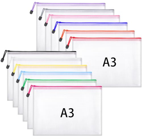 12 Stück Dokumententasche A3, PVC Dokumentenmappe mit Reißverschluss | Wasserdichte mit Aufhängeschlaufe Etiketten Dokumententaschen Zip Beutel für Unterlagen Büro Schule Reise (12 Farben)