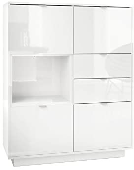 Vladon Highboard Sideboard Metro, Made in Germany, Korpus in Weiß Hochglanz/Fronten in Weiß Hochglanz mit Einsatz in Weiß Hochglanz