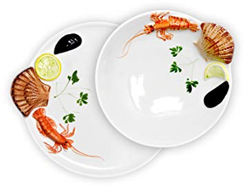 Lashuma 2er Fisch Geschirrset, Runder Platzteller 25 cm und Suppenteller 22 cm, Handgemachte Keramikteller aus Italien