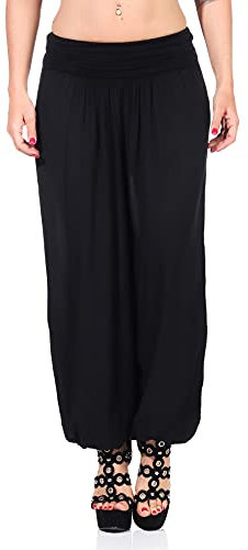 DANAEST Damen Yoga Freizeithose Haremshose Pumphose Lange Leinen Hose Pluderhose Sommerhose Neu (648), Farbe:Schwarz