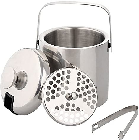 Solid Stainless Steel Ice Bucket for Cocktail bar, with Strainer Airtight Lid and Tongs, Well Made Insulated Stainless Steel Double Wall Keep Ice Frozen Longer, Portable and Mini (1.3L)