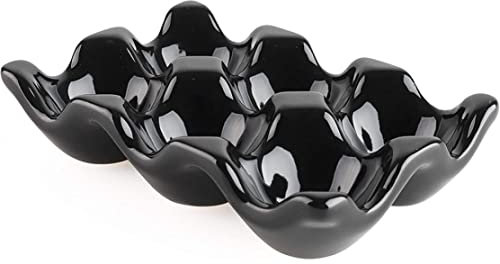 SENRN Egg Tray Ceramic 6 Cups Ceramic Egg Holder Egg Storage Container Porcelain Dispenser Organizer Anti-slip 6 Grids for Kitchen Countertop Fridge Black