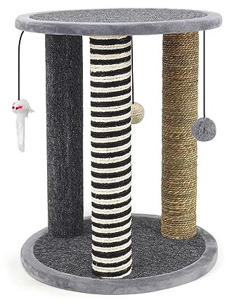 SONGWAY Cat Scratching Post Tree - Cat Tree with 3 Scratching Poles and Dangling Balls, Carpeted Base and Perch, Interactive Scratcher Toy for Indoor Cats Kittens, Grey