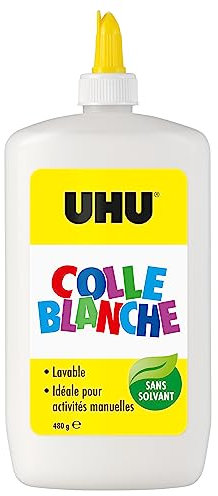 UHU colle blanche - Colle blanche multi matériaux, sans solvants, lavable à l'eau, spatule intégrée, bouteille souple de 480g