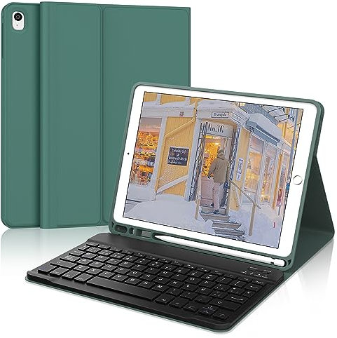 IVEOPPE Teclado iPad 9 Generacion 2021, Funda Teclado Español Ñ Bluetooth Desmontable para iPad 9.ª 2021/8.ª/7.ª 10.2/Air 3/Pro 10.5, Verde Oscuro