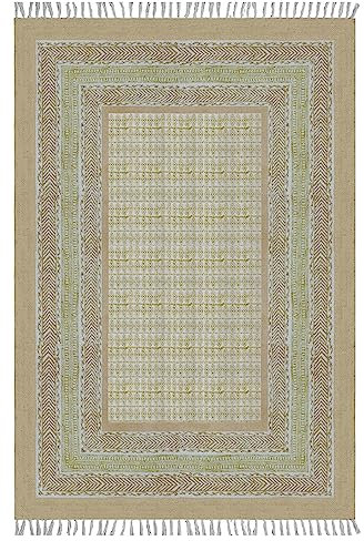 CASAVANI Indischer handgefertigter Teppich, Baumwolle, Dhurrie, geometrisch, Beige und Braun, gemustert, pflegeleicht, waschbar und wendbar, für Schlafzimmer, Wohnzimmer, 3,9 x 3,5 m, quadratisch