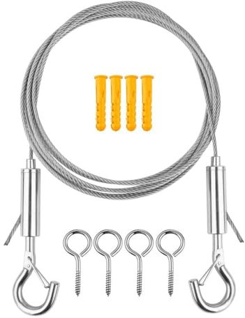 Fil de Rideau Acier Inoxydable, 6M Câble de Rideau, Fil de Rideaux Corde, Câble de Rideau avec 4 Pièces Piton Crochets à Visser pour Tringle à Rideau, Crochets et Yeux pour Barres de Rideaux Net