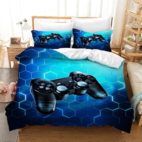 Leleyouzer Gamer Bettwäsche Set Jungen,Mikrofaser-Bettbezug für Kinder,1 Gamer Bettbezug mit Reißverschluss und 2 Kopfkissenbezug 50 x 75cm (g3, 135×200 cm)