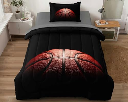 Leaflin Teenage Boy Bettwäsche-Sets Twin 4-teilig Basketball Tröster Set für Jungen Twin Size Bett in einer Tasche Set, Basketball Bettwäsche Twin, Rot Schwarz