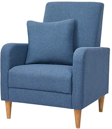 COLAMY Sessel Wohnzimmer Einzelsofa für Schlafzimmer, Moderner Gepolsterter Akzentstuhl mit Kissen, Stoff Leseecke Seitenstuhl mit Weicher Memory-Schaum Loungesitz und Holzbeinen, Blau