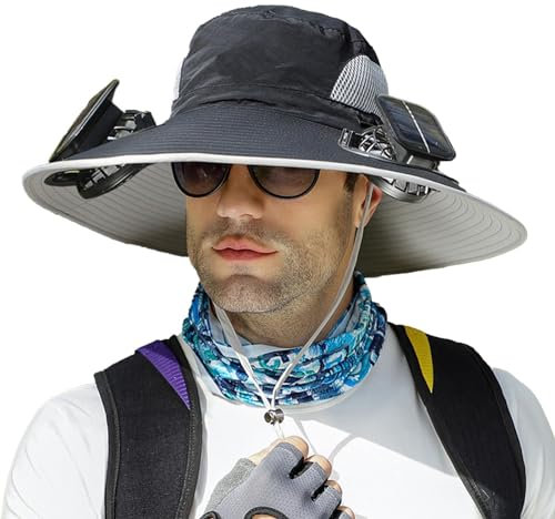 Wide Brim Solar Fan Outdoor Fishing Hat | Hat with Fan Built in | Sunscreen Sun Hat with Fan | Sun Hat with 2 Solar Fan | Solar & USB Charging | Summer UV Protection | for Outdoor Activities Black