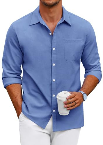 COOFANDY Hemd Herren Langarm Freizeithemd Regular Fit Oxford Hemd Business Oberhemd Button Down Hemden mit Brusttasche Einfarbig Azurblau XL