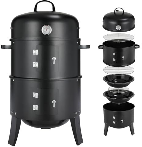 Barbecue Smoker 3 in 1, Affumicatore con Manico, Barbecue Carbonella con Termometro e Scarico Aria Regolabile, Affumicatore da Cucina, BBQ Smoker, con 2 Griglie in Acciaio Inox (φ37 cm)